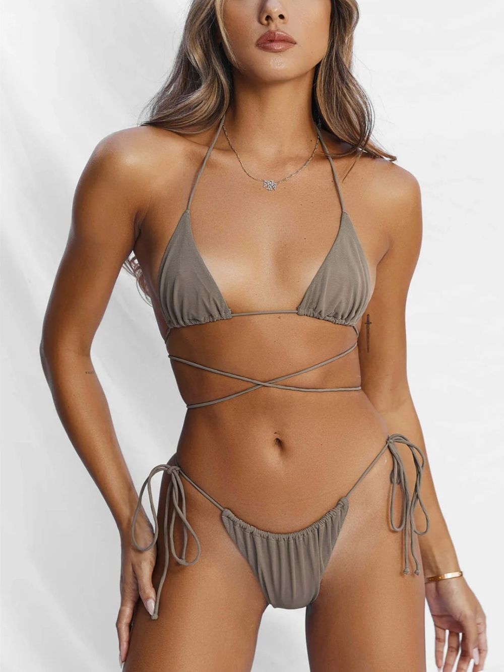 All Things Golden The String Tie Bikini Triangle Bikini Halter Set in Slate L